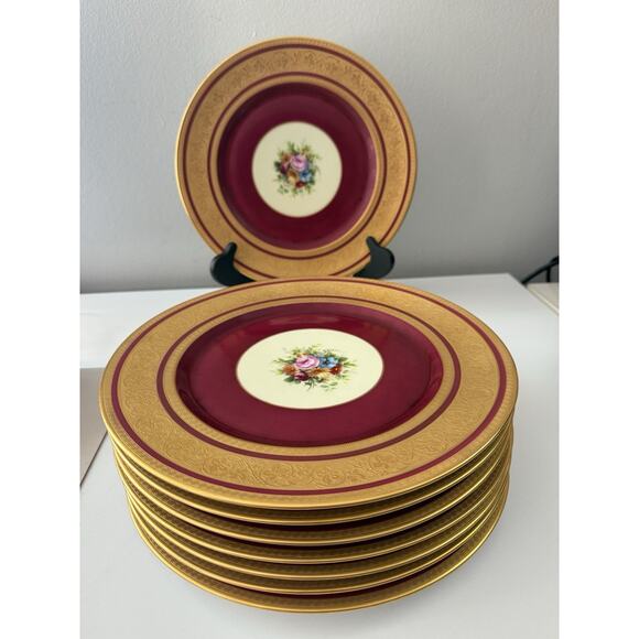 Set of 8 Heinrich Selb Bavaria Germany Plates Floral Embossed Gold Burgundy - Picture 1 of 12